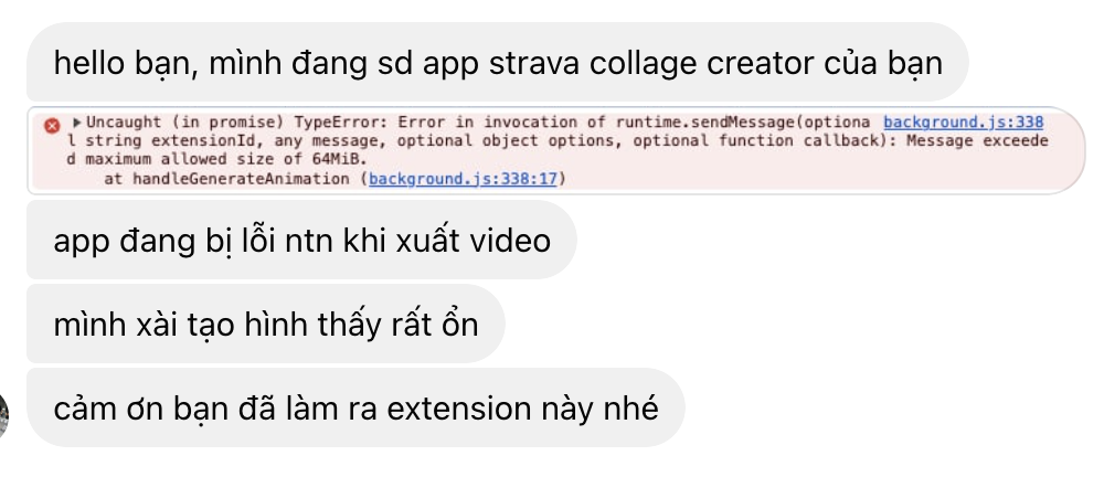 Tin nhắn của người dùng báo lỗi khi xuất video và cho biết tính năng tạo hình hoạt động ổn